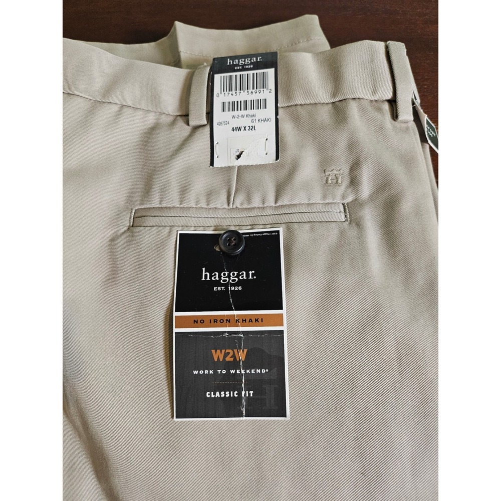 Haggar Khaki Pants Mens 44W x 32L Tan Pleated Work to Weekend No Iron